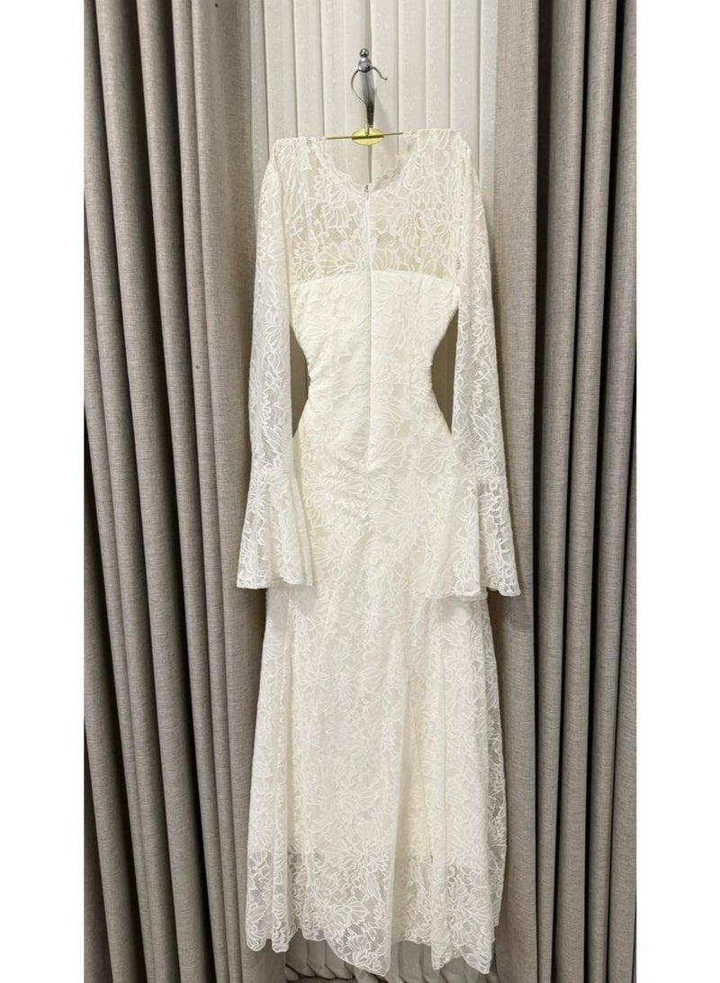 Cutie Premium Floral Lace Evening Dress with Bell Sleeves & Maxi Length - Off-White - Image 3